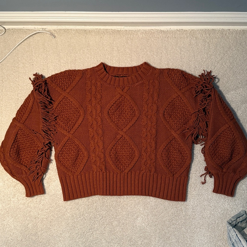 Line and Dot Brown Cabled Fringe Sweater